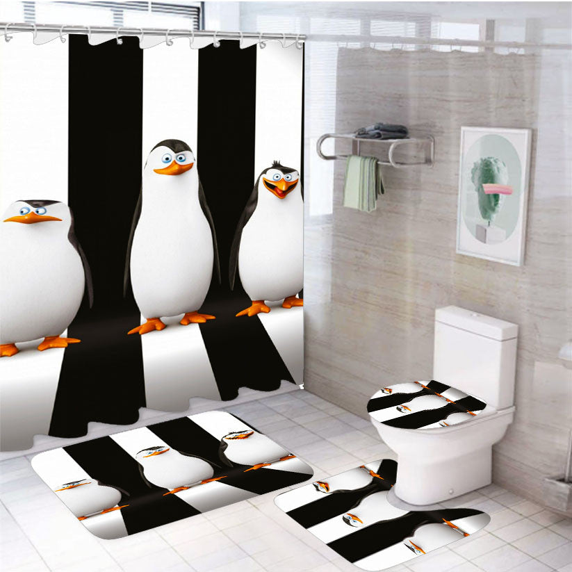 Penguins Of Madagascar Black White Striped 4Pcs Bathroom Non-Slip Rugs Shower Curtain Fabric Waterproof