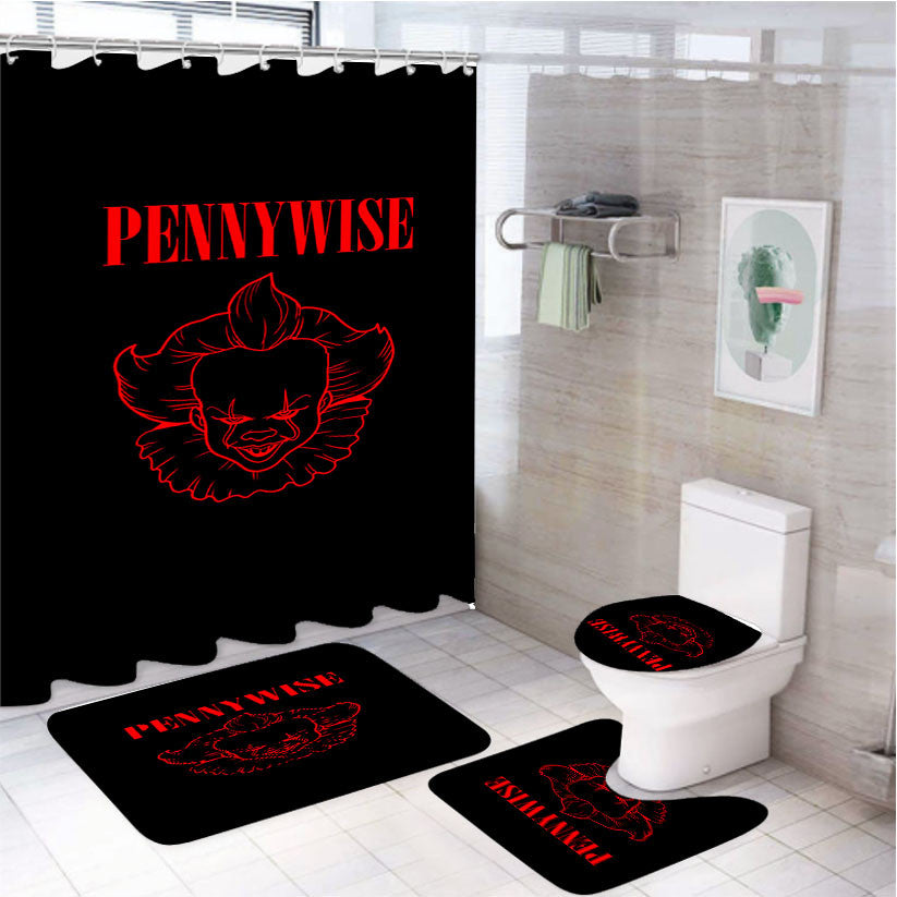 Pennywise It Clown Red Wallpaper 4Pcs Bathroom Non-Slip Rugs Shower Curtain Fabric Waterproof