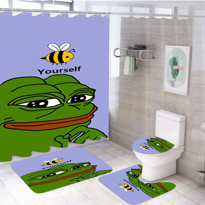 Pepe The Smug Frog 4Pcs Bathroom Non-Slip Rugs Shower Curtain Fabric Waterproof