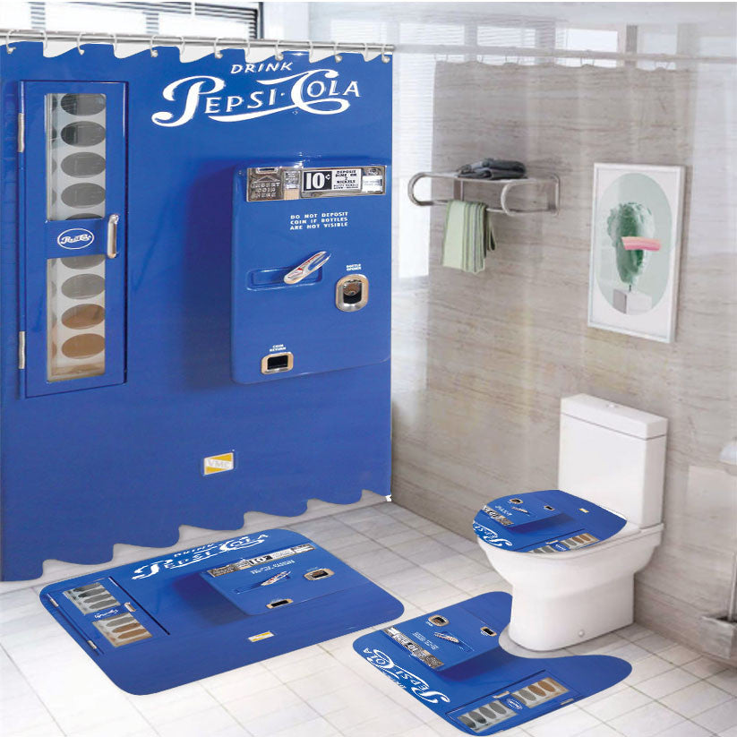 Pepsi Cola Blue Vintage Vending Machine 4Pcs Bathroom Non-Slip Rugs Shower Curtain Fabric Waterproof