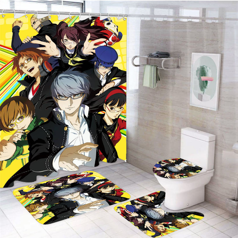 Persona 4 Golden All Characters Poster 4Pcs Bathroom Non-Slip Rugs Shower Curtain Fabric Waterproof