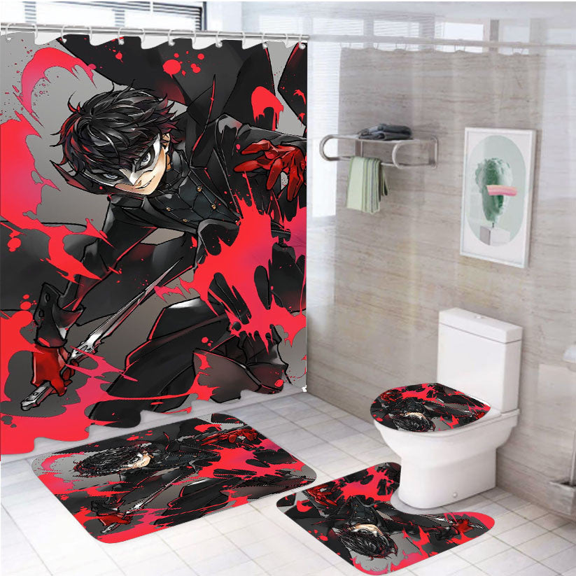 Persona 5 Joker Blood Art 4Pcs Bathroom Non-Slip Rugs Shower Curtain Fabric Waterproof