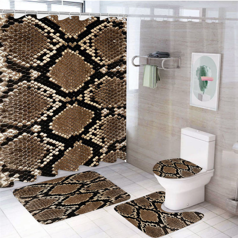 Phyton Snake Skin Texture Pattern Style 4Pcs Bathroom Non-Slip Rugs Shower Curtain Fabric Waterproof