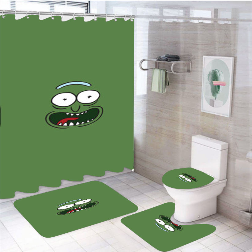 Pickle Rick Face 4Pcs Bathroom Non-Slip Rugs Shower Curtain Fabric Waterproof