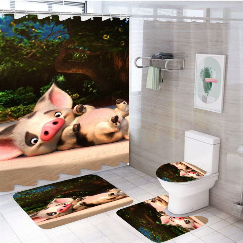 Pig Moana 4Pcs Bathroom Non-Slip Rugs Shower Curtain Fabric Waterproof