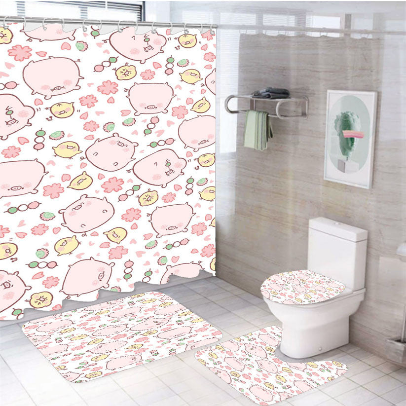 Pig Pattern 4Pcs Bathroom Non-Slip Rugs Shower Curtain Fabric Waterproof