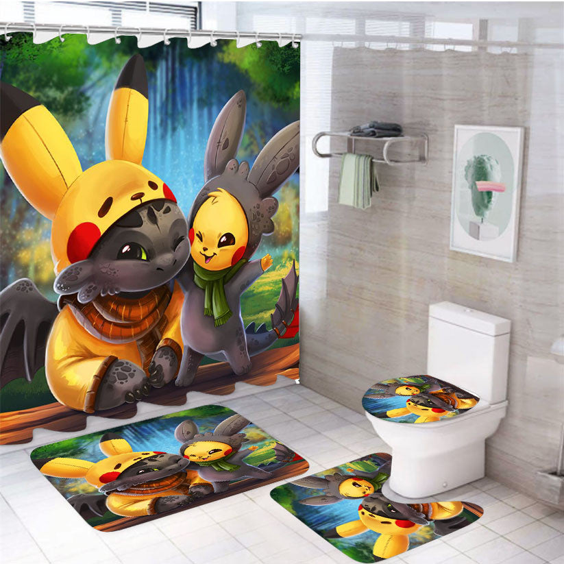 Pikachu And Toothless 4Pcs Bathroom Non-Slip Rugs Shower Curtain Fabric Waterproof