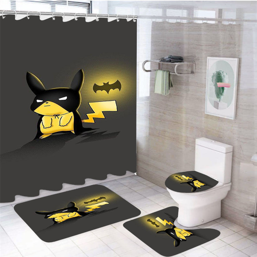 Pikachu Batman Wallpaper 4Pcs Bathroom Non-Slip Rugs Shower Curtain Fabric Waterproof