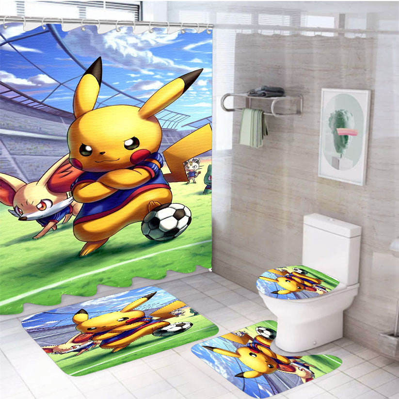 Pikachu Football And Friends 4Pcs Bathroom Non-Slip Rugs Shower Curtain Fabric Waterproof