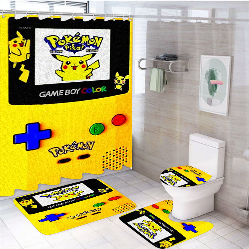 Pikachu Gameboy Texture 4Pcs Bathroom Non-Slip Rugs Shower Curtain Fabric Waterproof