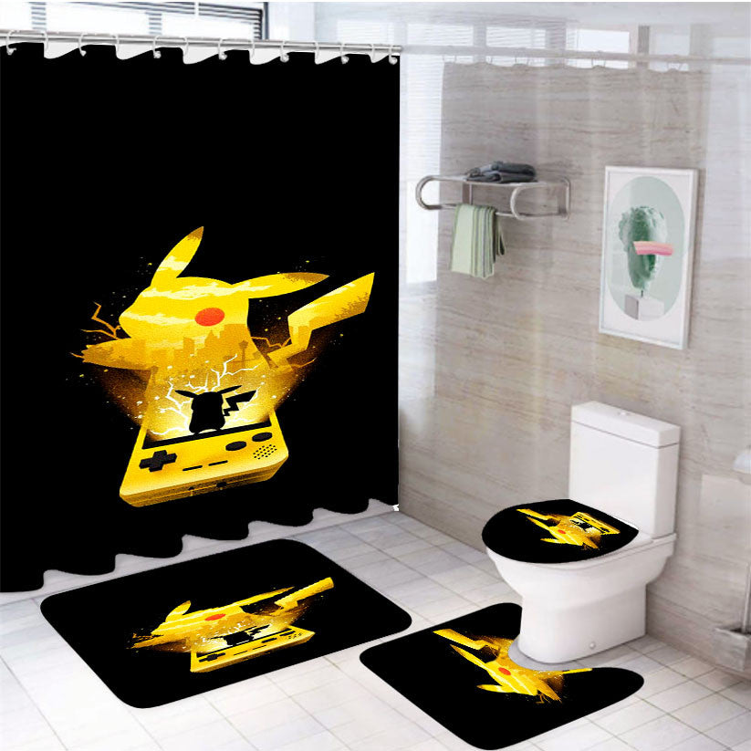 Pikachu Out Of Gameboy 4Pcs Bathroom Non-Slip Rugs Shower Curtain Fabric Waterproof