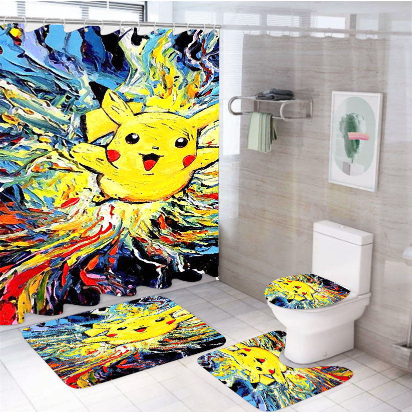 Pikachu Starry Night 4Pcs Bathroom Non-Slip Rugs Shower Curtain Fabric Waterproof