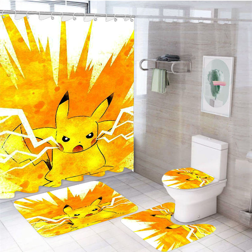 Pikachu Storm Drawing 4Pcs Bathroom Non-Slip Rugs Shower Curtain Fabric Waterproof