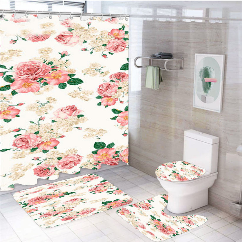 Pink Carnations Floral 4Pcs Bathroom Non-Slip Rugs Shower Curtain Fabric Waterproof