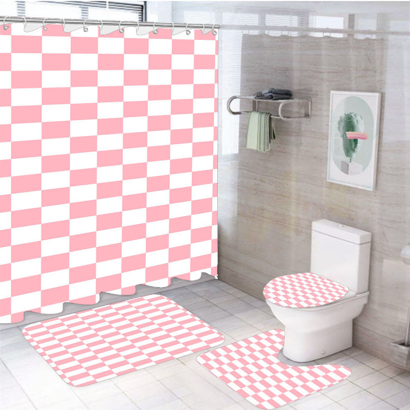 Pink Checkered Vans Shoes 4Pcs Bathroom Non-Slip Rugs Shower Curtain Fabric Waterproof