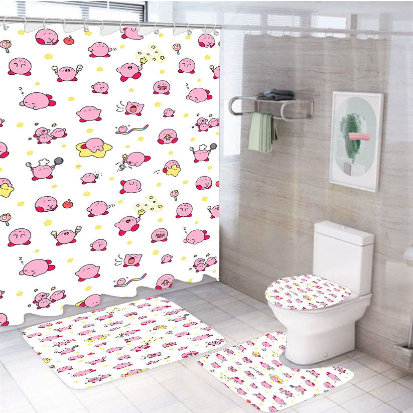 Pink Kirby Cartoon Pattern 4Pcs Bathroom Non-Slip Rugs Shower Curtain Fabric Waterproof