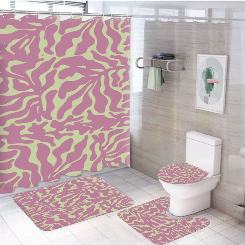 Pink Leaves - Foliage 4Pcs Bathroom Non-Slip Rugs Shower Curtain Fabric Waterproof