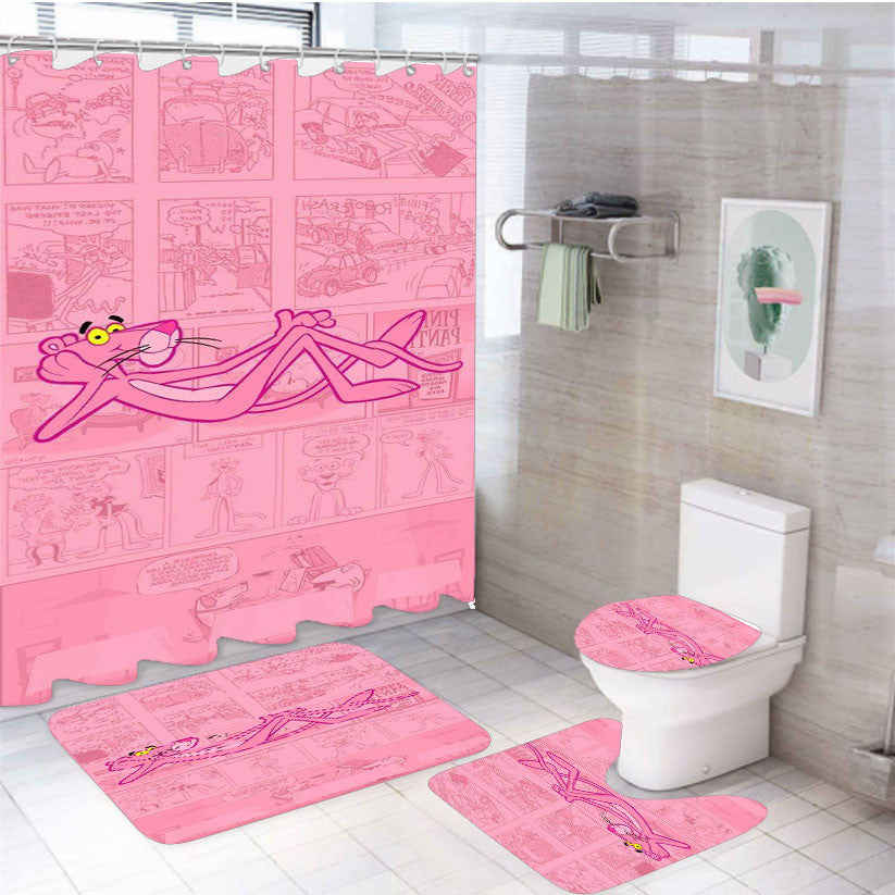 Pink Panther Comic Cartoon 4Pcs Bathroom Non-Slip Rugs Shower Curtain Fabric Waterproof