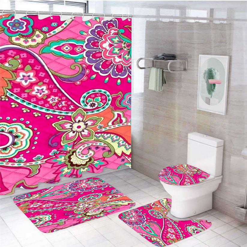 Pink Swirls Vera Bradley 4Pcs Bathroom Non-Slip Rugs Shower Curtain Fabric Waterproof
