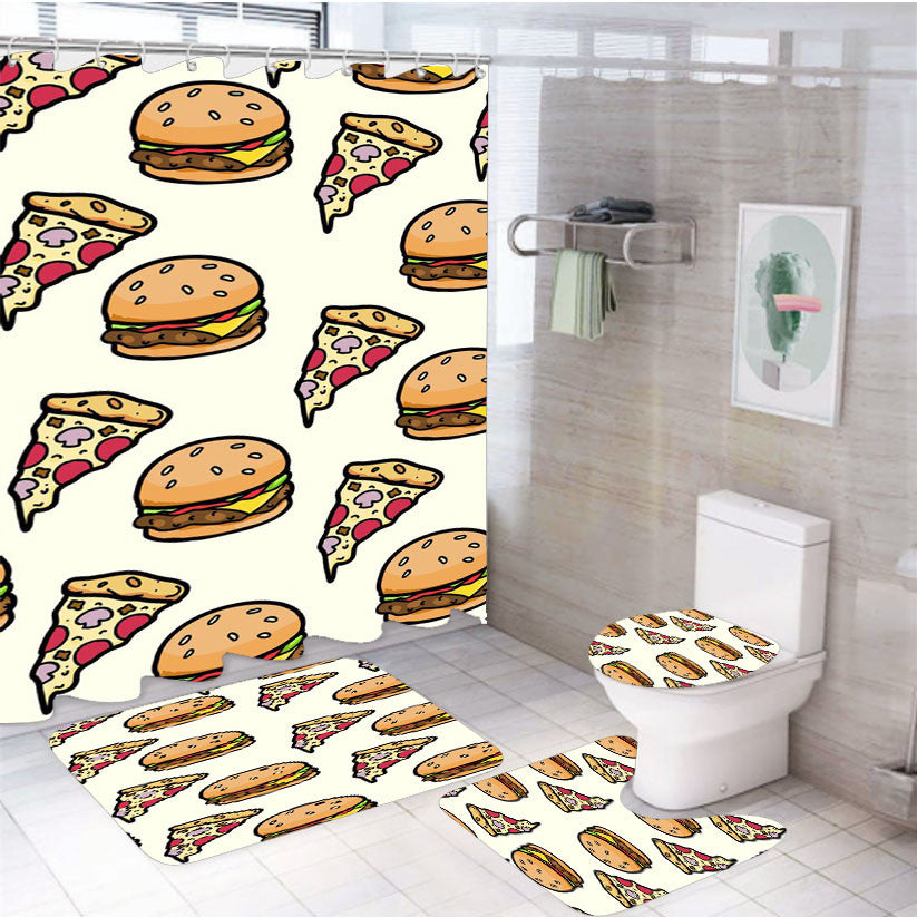 Pizza Food And Wallpaper 4Pcs Bathroom Non-Slip Rugs Shower Curtain Fabric Waterproof