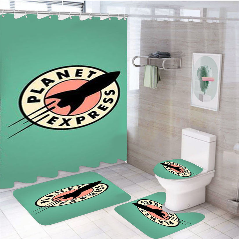 Planet Express Futurama Logo 4Pcs Bathroom Non-Slip Rugs Shower Curtain Fabric Waterproof