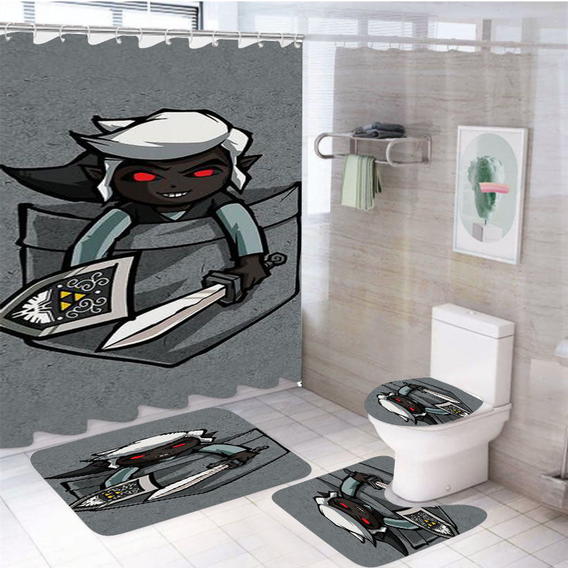 Pocket Dark Link Legend Of Zelda 4Pcs Bathroom Non-Slip Rugs Shower Curtain Fabric Waterproof