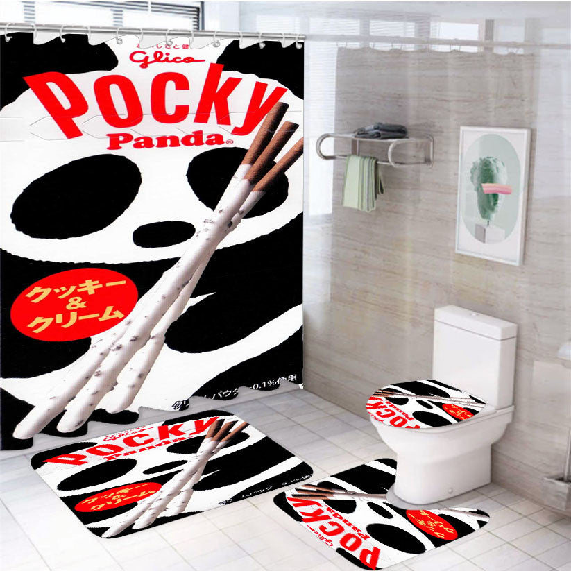 Pocky Panda 4Pcs Bathroom Non-Slip Rugs Shower Curtain Fabric Waterproof
