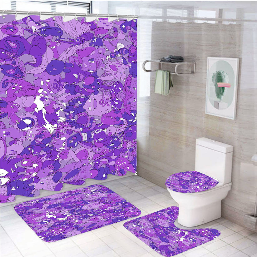 Poison Type Pokemon 4Pcs Bathroom Non-Slip Rugs Shower Curtain Fabric Waterproof