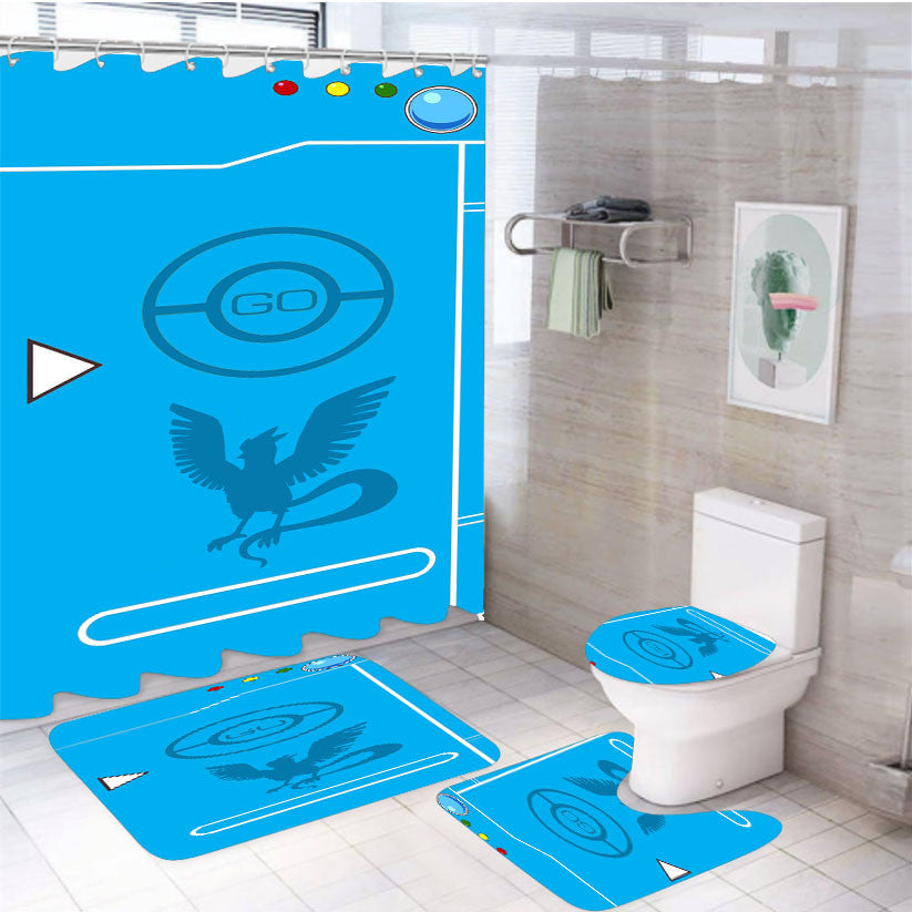 Pokedex Blue Team Mystic 4Pcs Bathroom Non-Slip Rugs Shower Curtain Fabric Waterproof