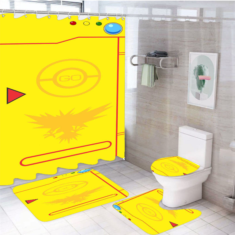 Pokedex Yellow Team Valor 4Pcs Bathroom Non-Slip Rugs Shower Curtain Fabric Waterproof