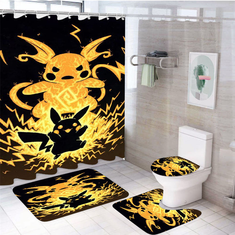 Pokemon Angry Pikachu 4Pcs Bathroom Non-Slip Rugs Shower Curtain Fabric Waterproof