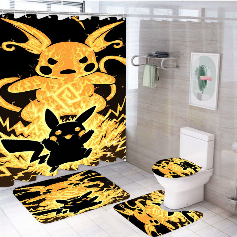 Pokemon Electric Pikachu And Raichu 4Pcs Bathroom Non-Slip Rugs Shower Curtain Fabric Waterproof
