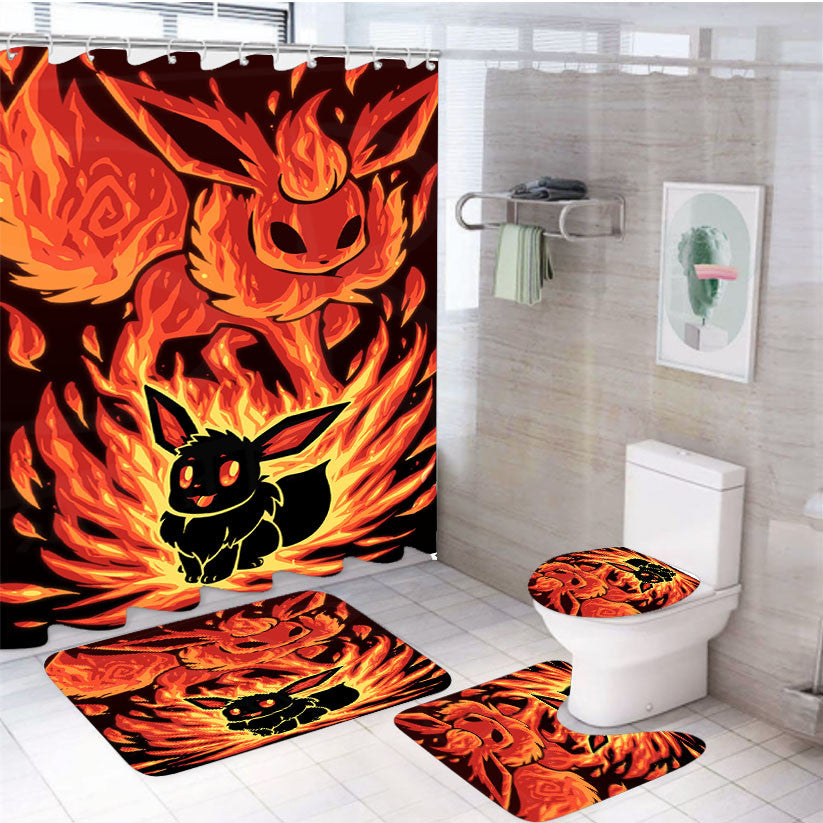 Pokemon Evolution Eevee To Flareon 4Pcs Bathroom Non-Slip Rugs Shower Curtain Fabric Waterproof