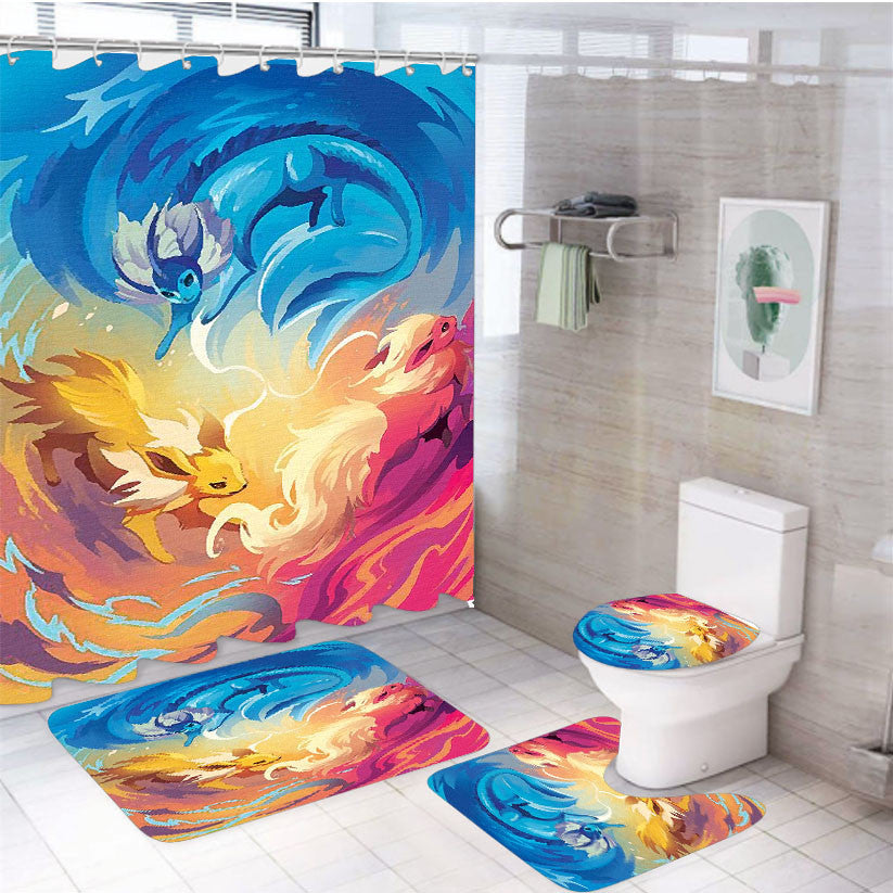 Pokemon Gathering Of Elements Paintings On Canvas 4Pcs Bathroom Non-Slip Rugs Shower Curtain Fabric Waterproof