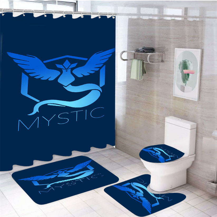 Pokemon Go Team Mystic 4Pcs Bathroom Non-Slip Rugs Shower Curtain Fabric Waterproof