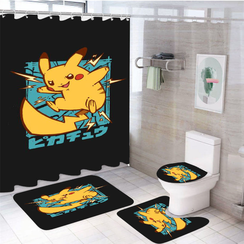 Pokemon Japan Strom Light 4Pcs Bathroom Non-Slip Rugs Shower Curtain Fabric Waterproof