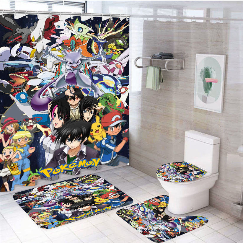 Pokemon Legendary Tamers 4Pcs Bathroom Non-Slip Rugs Shower Curtain Fabric Waterproof