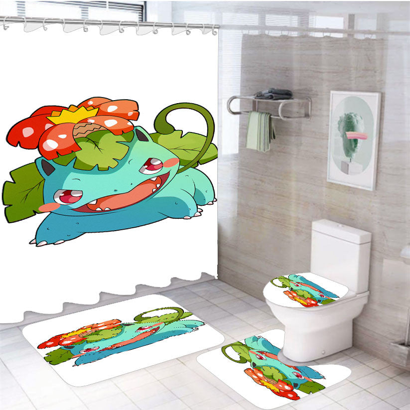 Pokemon Monster Water Type Illustration 4Pcs Bathroom Non-Slip Rugs Shower Curtain Fabric Waterproof