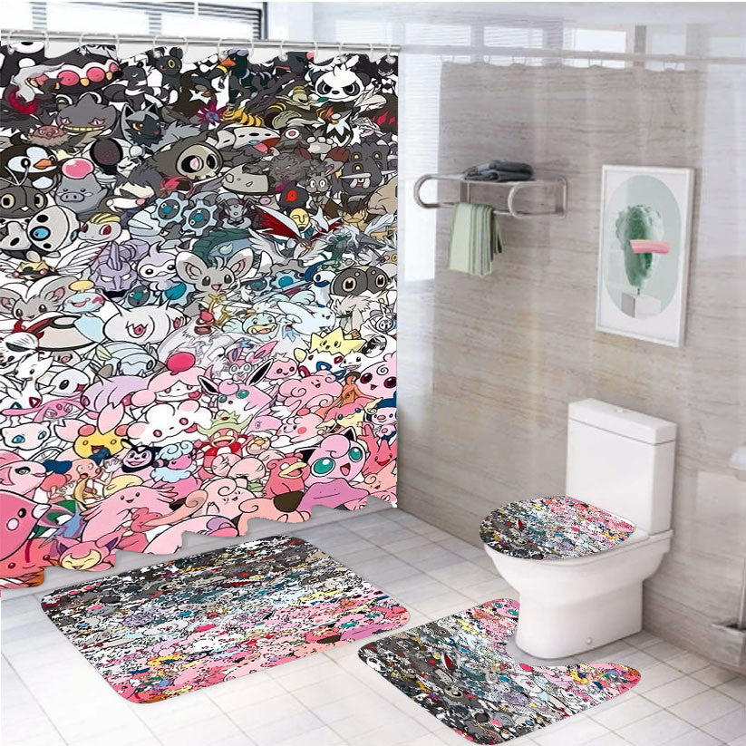 Pokemon Rainbow Wallpaper 4Pcs Bathroom Non-Slip Rugs Shower Curtain Fabric Waterproof