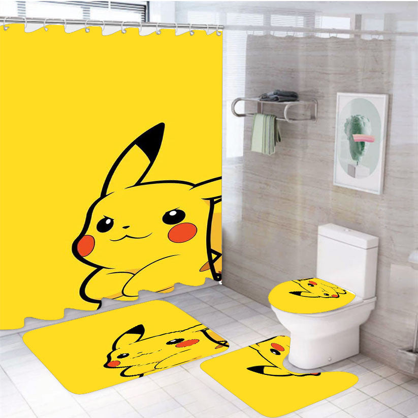 Pokemon Yellow Pikachu 4Pcs Bathroom Non-Slip Rugs Shower Curtain Fabric Waterproof