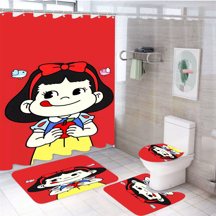 Poko Red X Snow White 4Pcs Bathroom Non-Slip Rugs Shower Curtain Fabric Waterproof