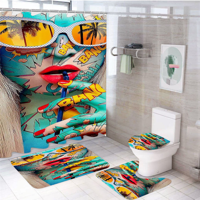 Pop Art Girl Bang Pattern Pop 4Pcs Bathroom Non-Slip Rugs Shower Curtain Fabric Waterproof