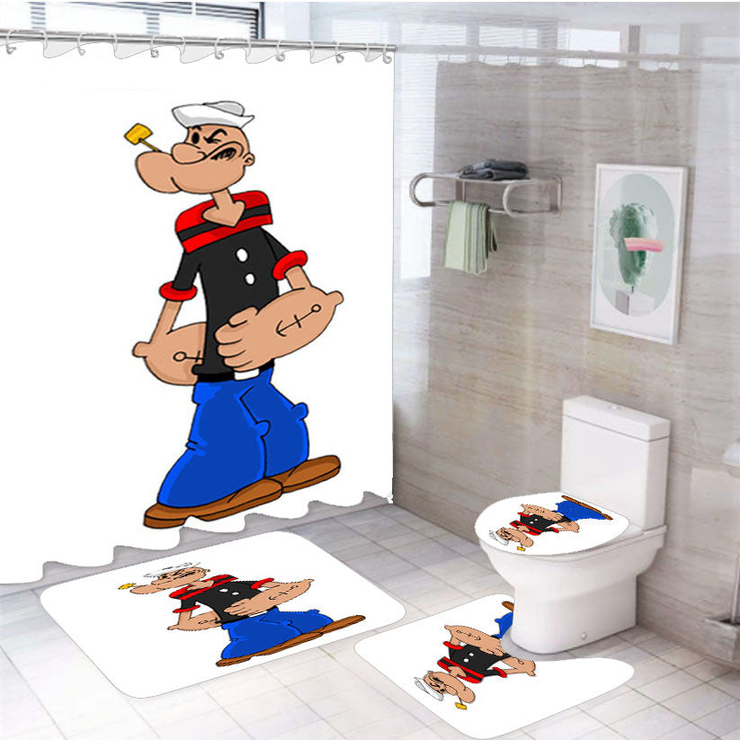 Popeye 4Pcs Bathroom Non-Slip Rugs Shower Curtain Fabric Waterproof