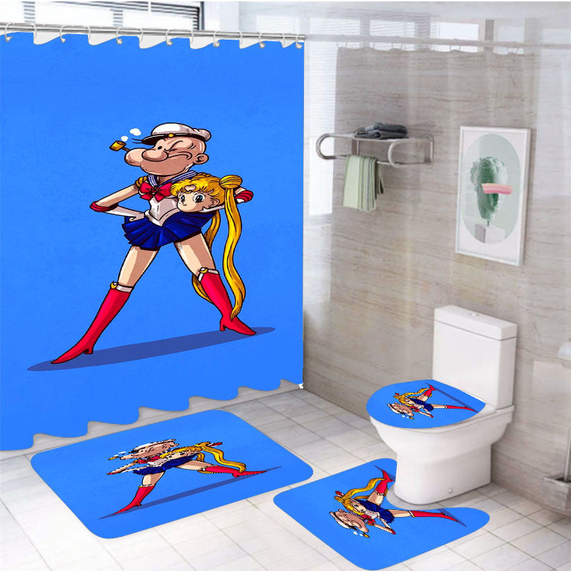 Popeye X Sailor Moon 4Pcs Bathroom Non-Slip Rugs Shower Curtain Fabric Waterproof
