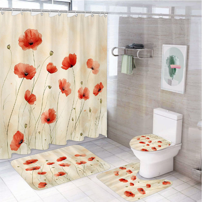 Poppy Flower 4Pcs Bathroom Non-Slip Rugs Shower Curtain Fabric Waterproof