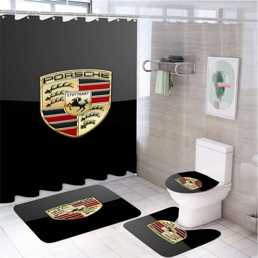 Porsche Badge Logo On Black Serge Ver Bukh 4Pcs Bathroom Non-Slip Rugs Shower Curtain Fabric Waterproof