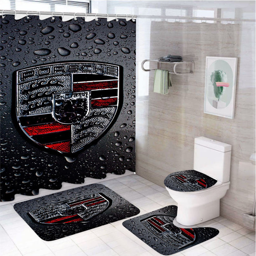 Porsche Black Rain Logo 4Pcs Bathroom Non-Slip Rugs Shower Curtain Fabric Waterproof