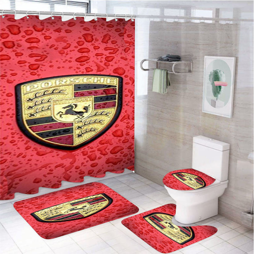 Porsche Car Logo 4Pcs Bathroom Non-Slip Rugs Shower Curtain Fabric Waterproof