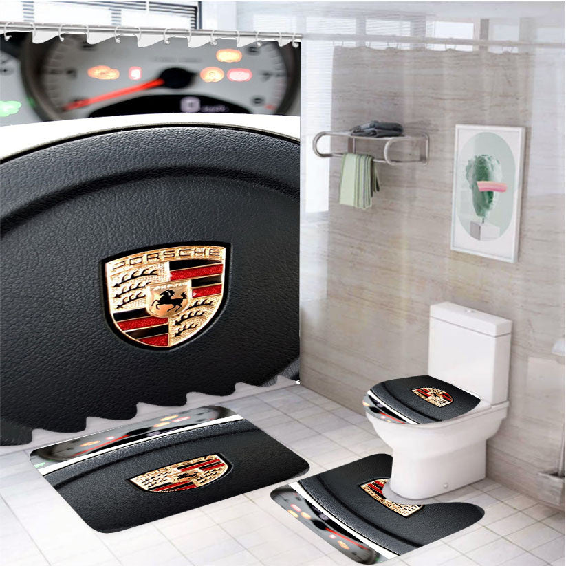 Porsche Drive Car Logo 4Pcs Bathroom Non-Slip Rugs Shower Curtain Fabric Waterproof