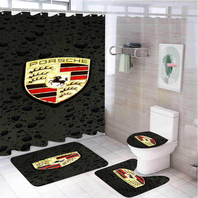 Porsche Logo Emblem Car Illustration Art Dark 4Pcs Bathroom Non-Slip Rugs Shower Curtain Fabric Waterproof